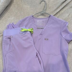 Figs Light Purple Scrub Set with Neon Green Accent